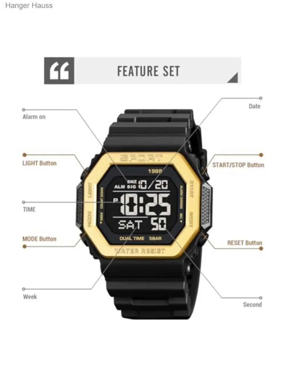 Digital Sports Watch 50M Water Resistant Dual Time Stopwatch